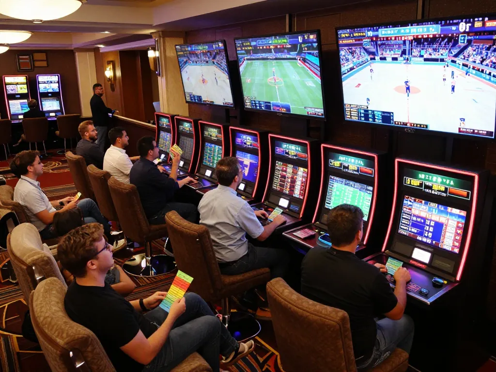 Engaged players analyzing odds at the fly888x sports betting area, showcasing excitement and strategy.