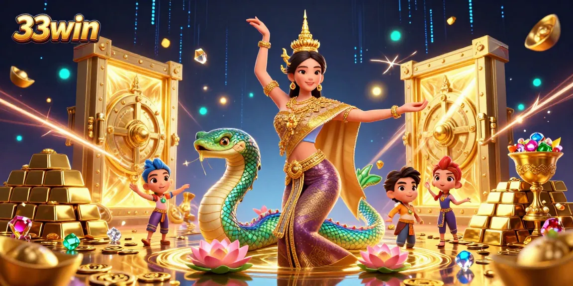 Experience the excitement of 33win as the beautiful Thai dancer and Naga serpent illuminate the vibrant casino world.