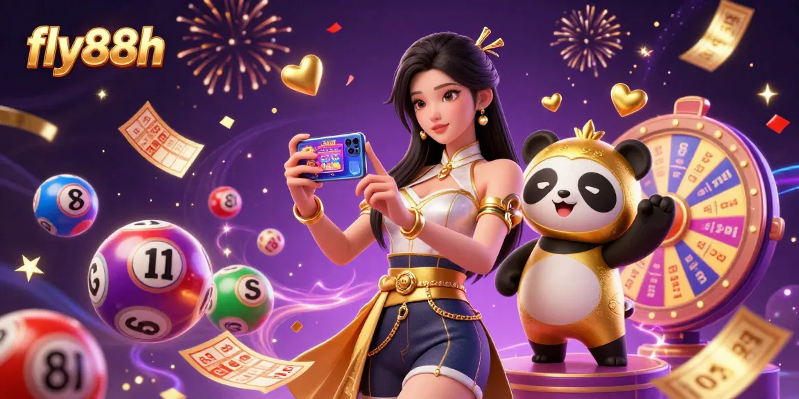 Experience the thrill of fly88h casino with a vibrant 3D scene showcasing an Asian woman and a panda mascot.