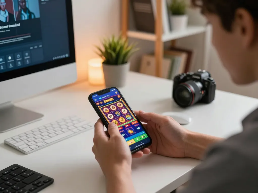 Engaged player utilizing Bom88 mobile casino app for online gaming in a stylish home setup