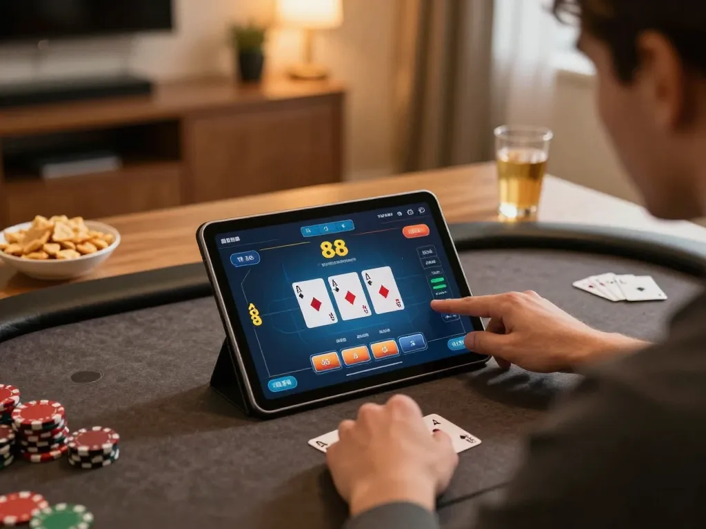 Engaged player using dash88 for online poker, showcasing strategic gameplay at home.