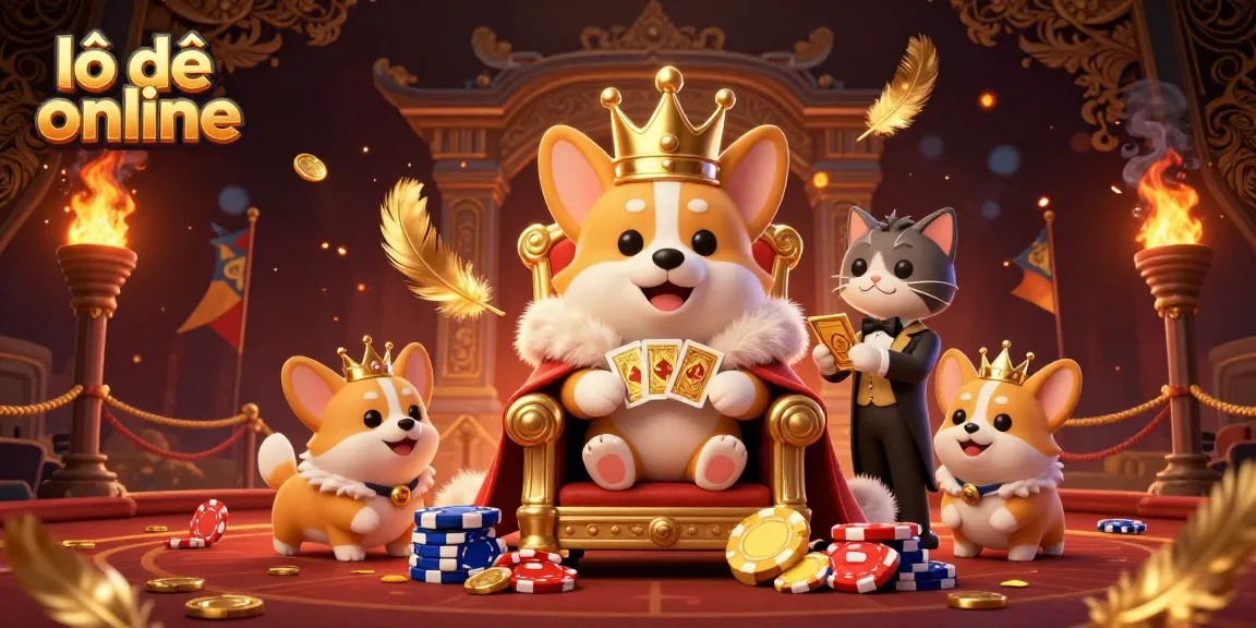Engaging scene showcasing royal corgi on a poker chip throne, representing lô đề online gaming.