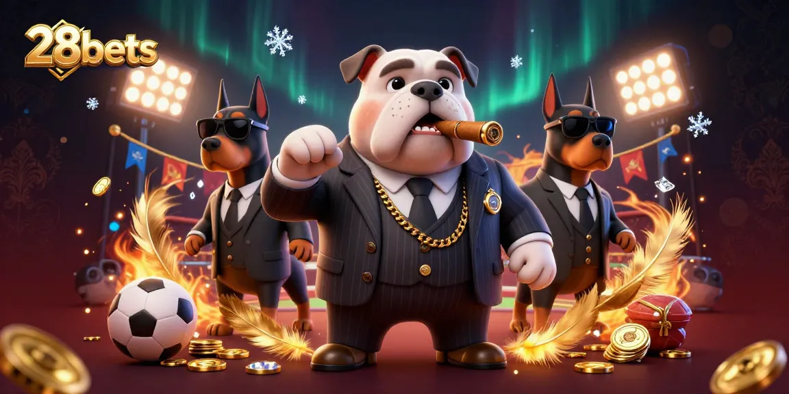 Experience thrilling sports betting with 28bets, featuring a bulldog mafia boss and bodyguard Dobermans in an energetic casino scene.