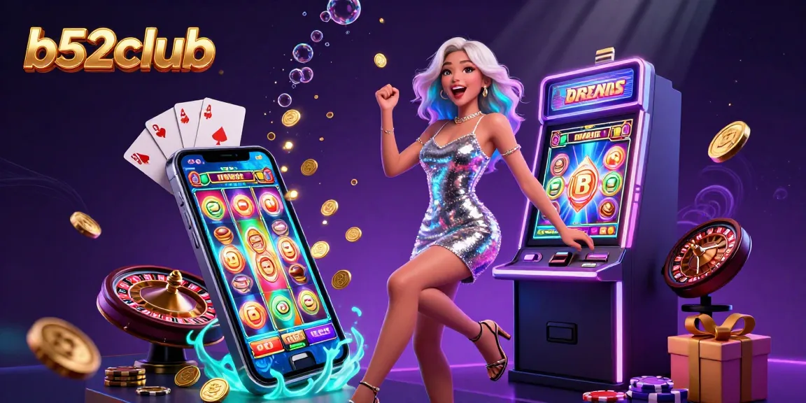 b52club celebrates jackpots with a stunning Asian woman, vibrant slot games, and glowing casino elements.