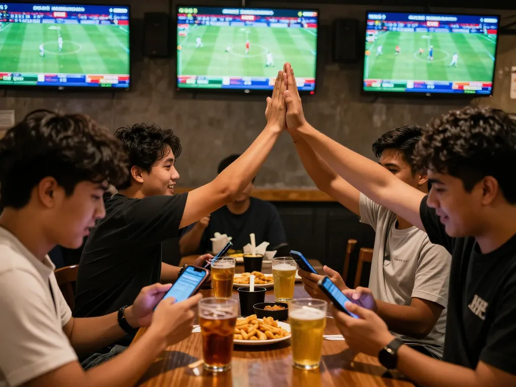Exciting sports betting scene with friends enjoying แทงบอล at a packed sports bar while checking their bets.
