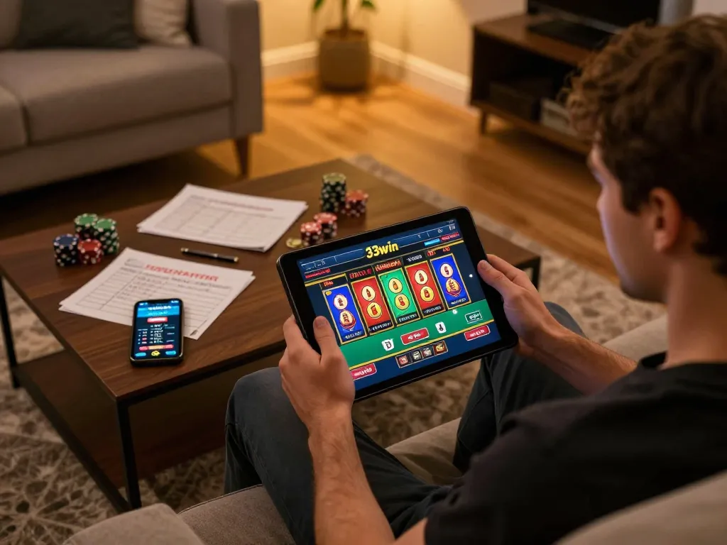 Engaged player enjoying 33win online casino games on tablet in a cozy home setting