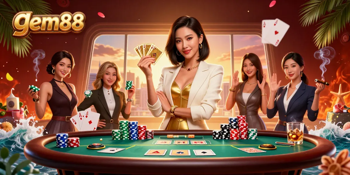 Experience the thrill at gem88 featuring a glamorous Asian dealer with golden cards at a lively casino setting.