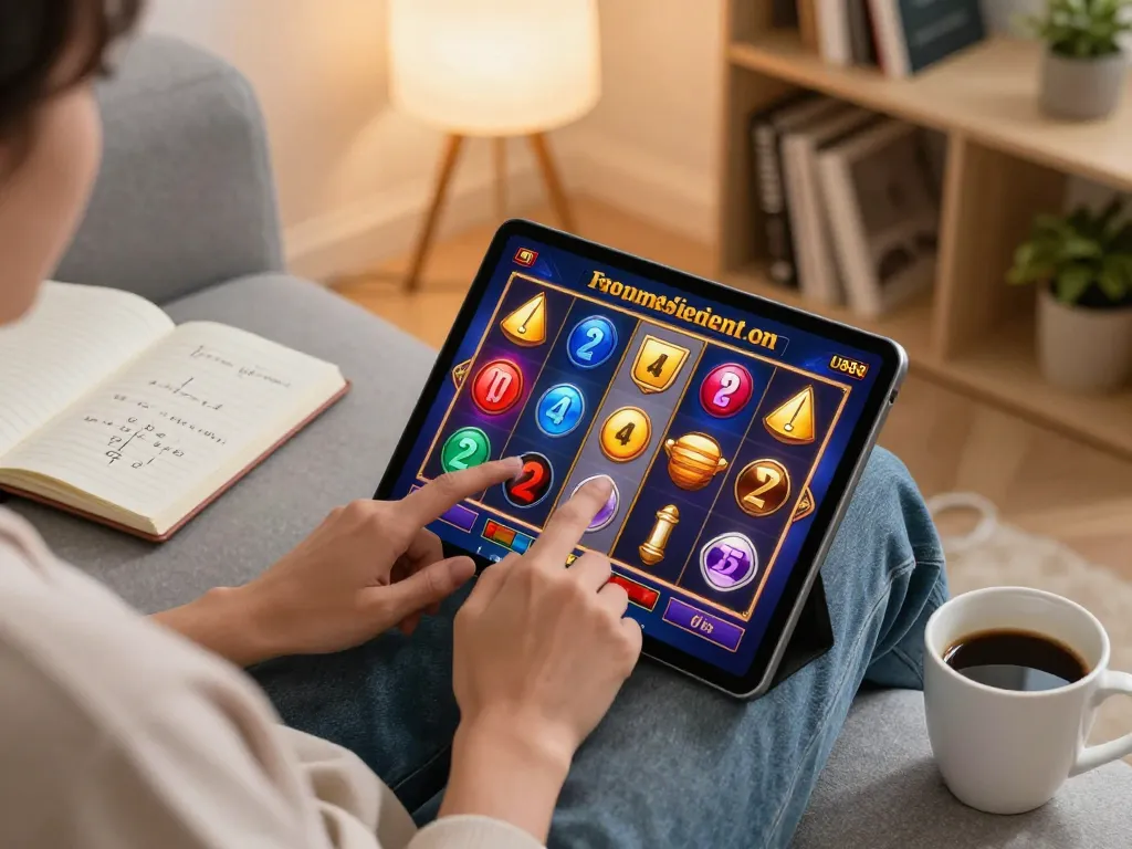 Play online slots with U888 on a tablet, featuring vibrant graphics and cozy home setting.