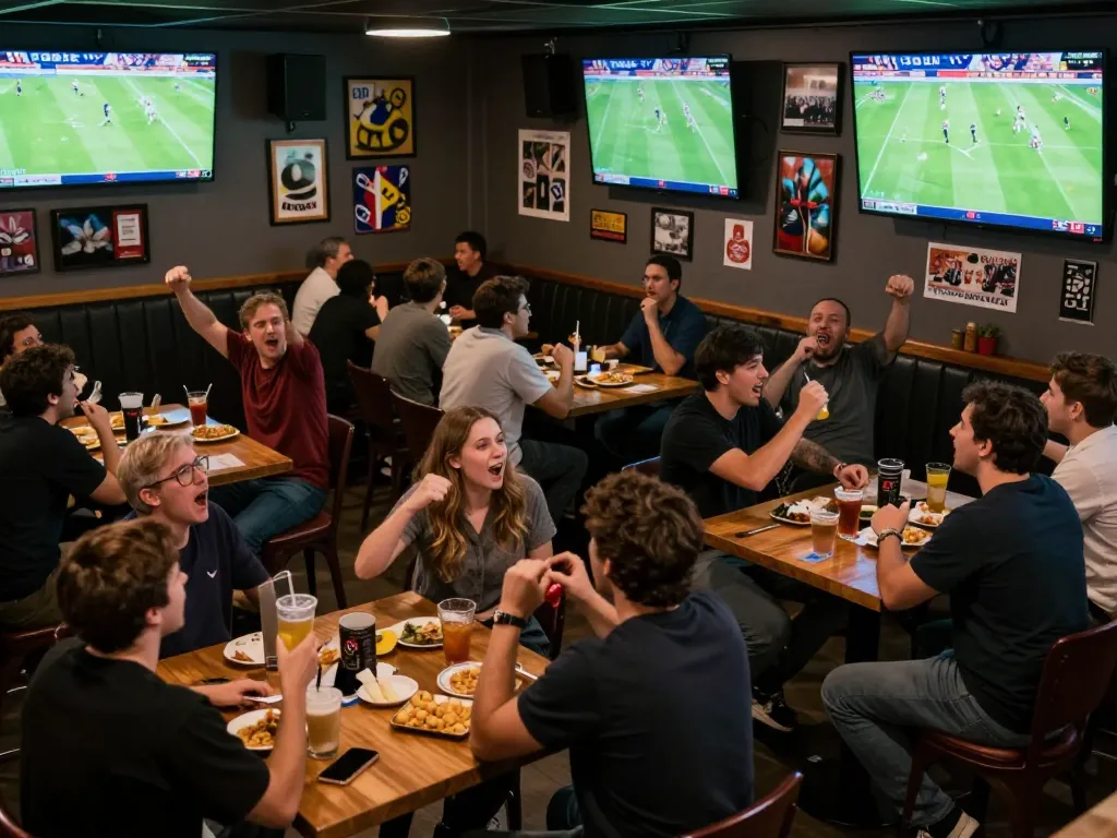 Socolive streaming live football with excited fans celebrating their bets at a vibrant sports bar