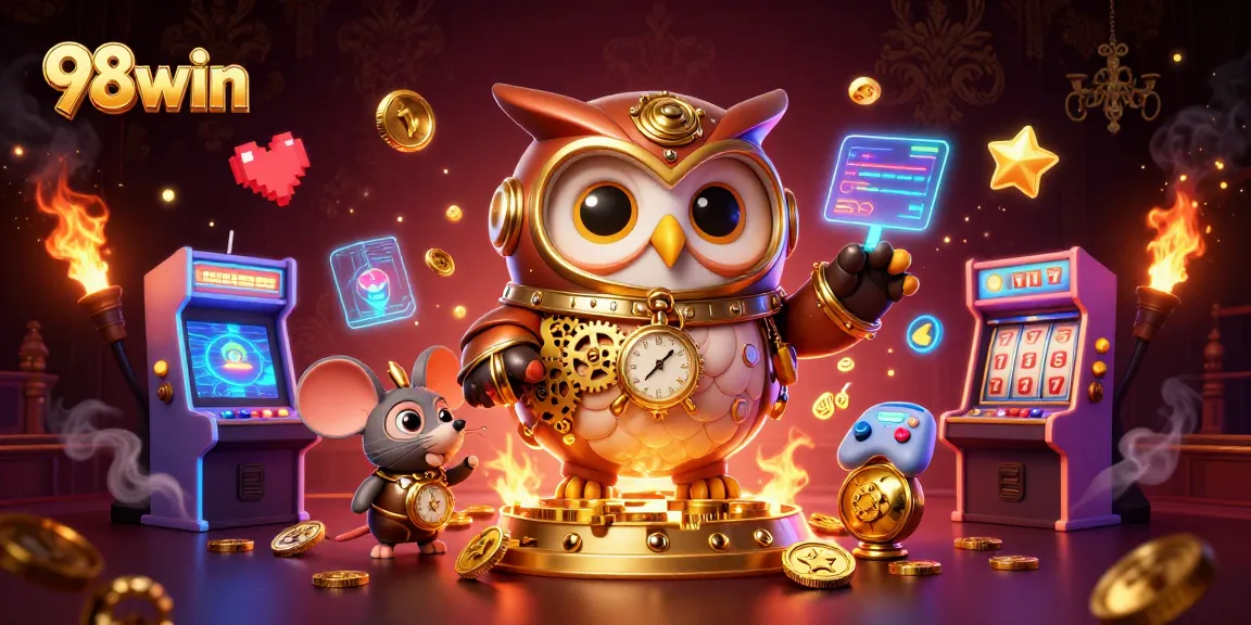 Win big with 98win's stunning 3D casino adventure illustration filled with vibrant gaming action.