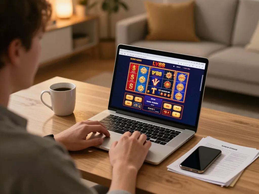 Player engaging with lv88 online casino on laptop, showcasing vibrant slot games.