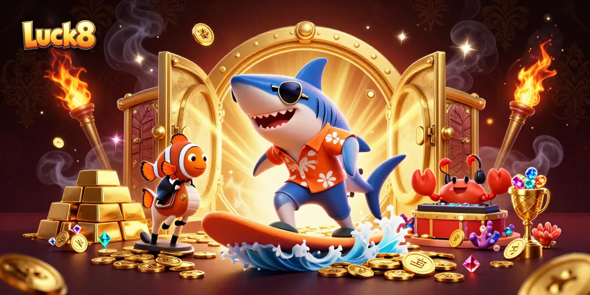 Experience Luck8's thrilling gaming scene with a shark surfing on gold coins.