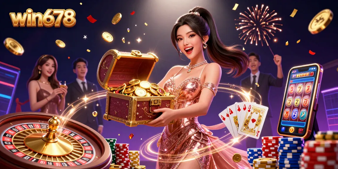 Win678 showcases a thrilling 3D casino scene with golden treasures and vibrant game elements.