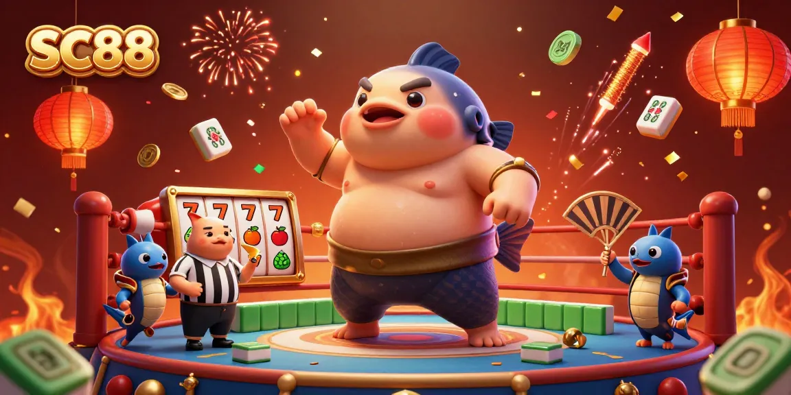 SC88 showcases vibrant underwater slots fun with a fugu fish and seahorse cheering in a lively casino scene.