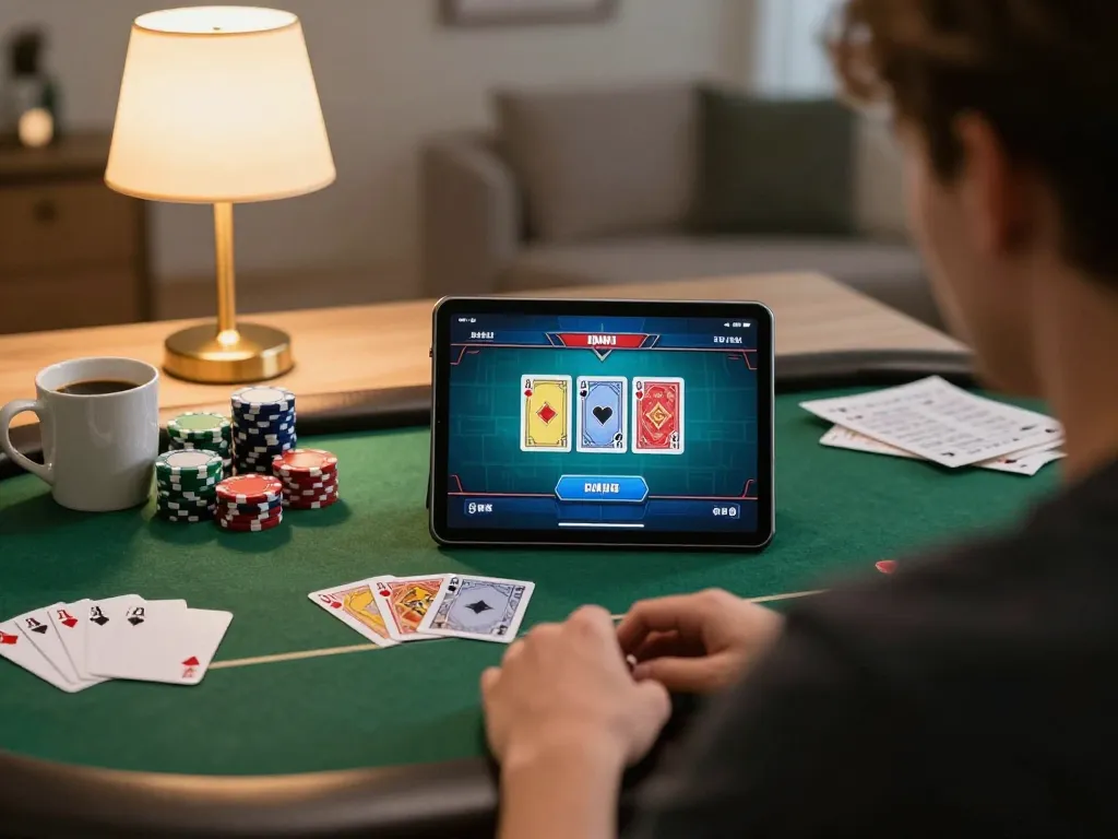 Engaged in poker on miso88 platform, showcasing strategic gameplay in a cozy home environment