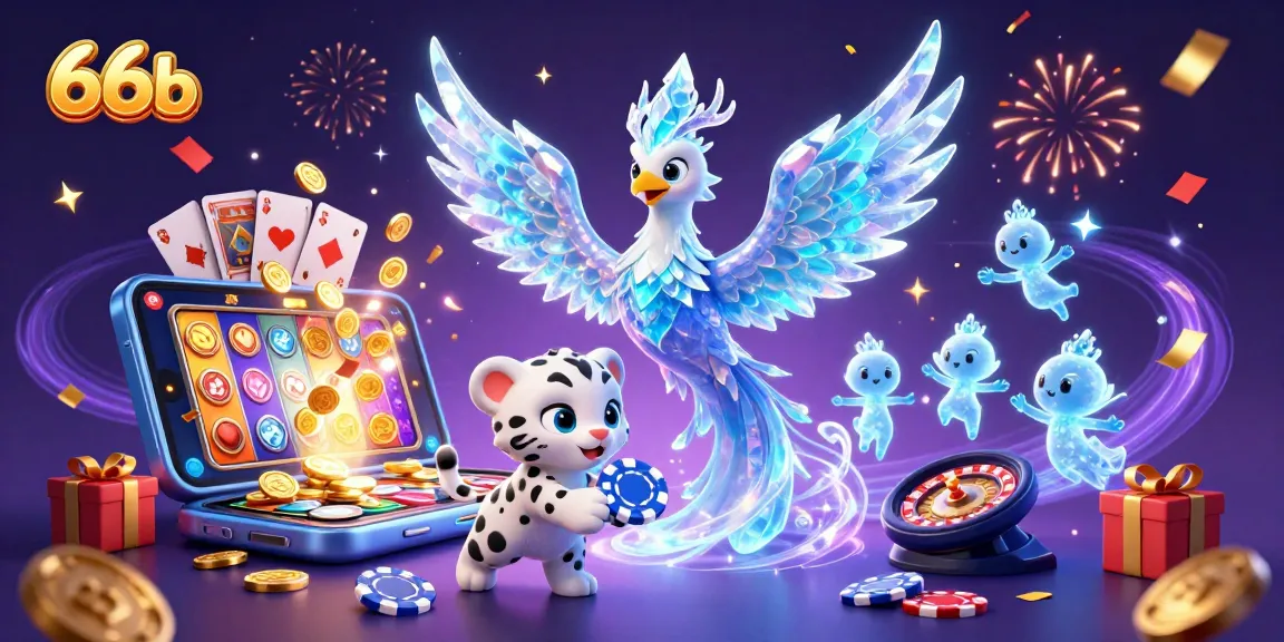 A dazzling illustration of the ice phoenix and friends celebrating 66b in a vibrant casino scene.