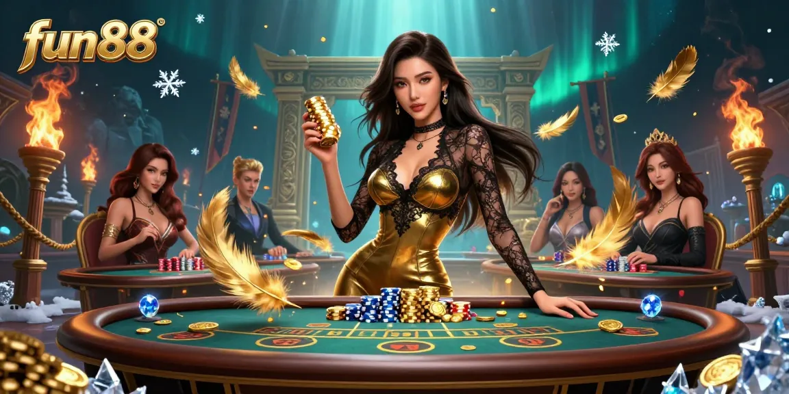 Experience high-stakes baccarat action at fun88 with glamorous players and golden chips!
