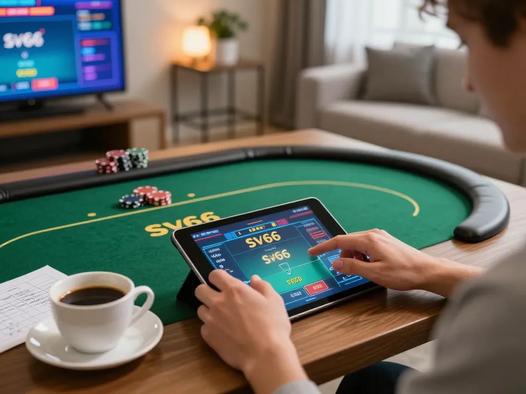 engaging poker game at sv66 on tablet in cozy home setting