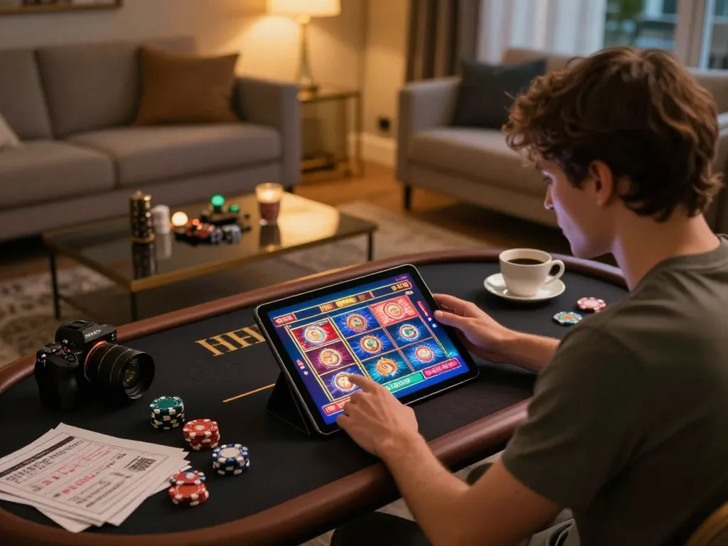 Player enjoying LV88 online slots in a cozy living room setting with warm lighting