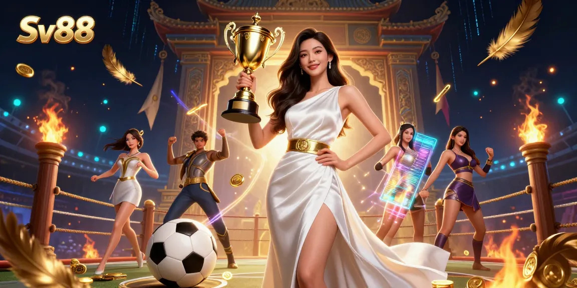 Engage with thrilling Sv88 sports betting while celebrating victory with trophies and dynamic game elements.