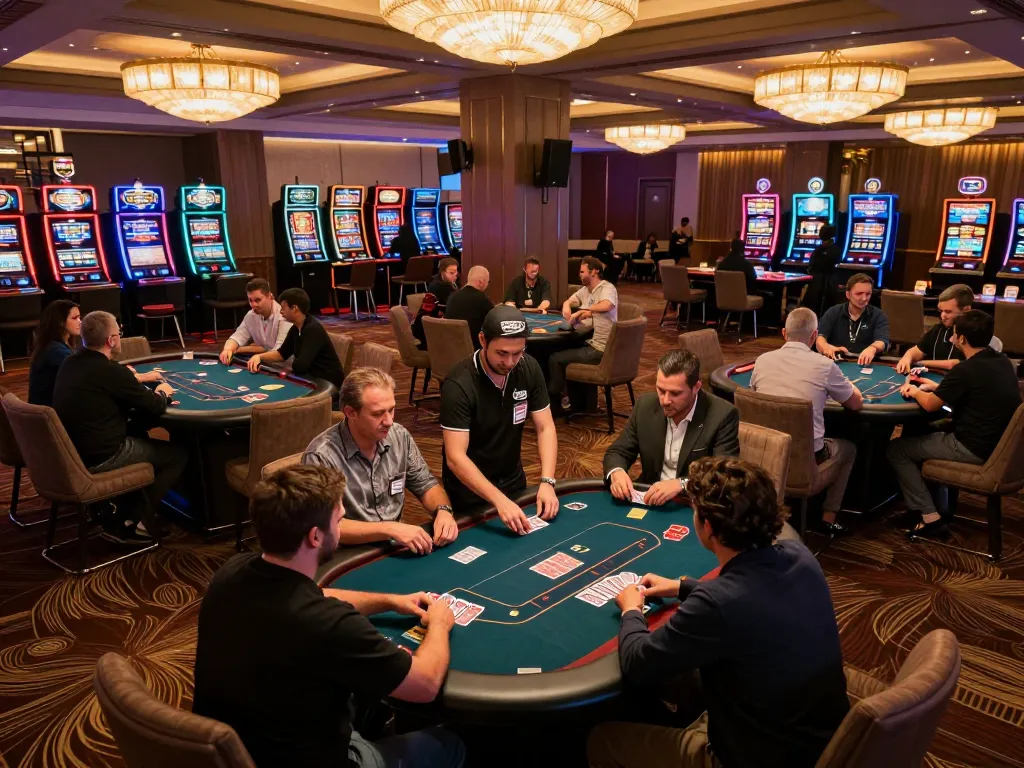 Players engage in lively poker games at the go8 casino, showcasing an upscale atmosphere and strategic gameplay.