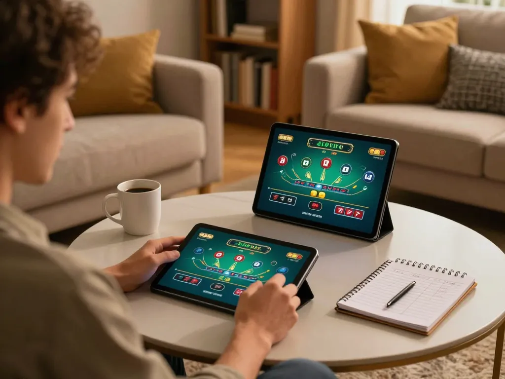 Player enjoying online blackjack at home with kubet79 tablet in cozy setting