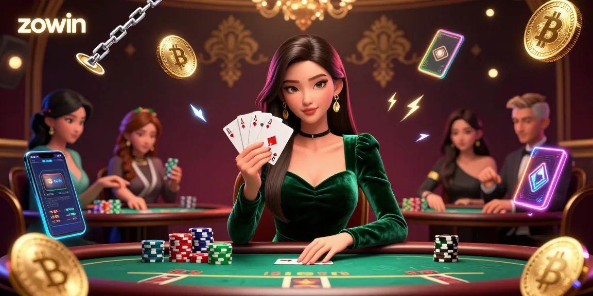 Experience thrilling poker strategies at zowin as a beautiful player holds winning cards amidst a vibrant casino atmosphere.