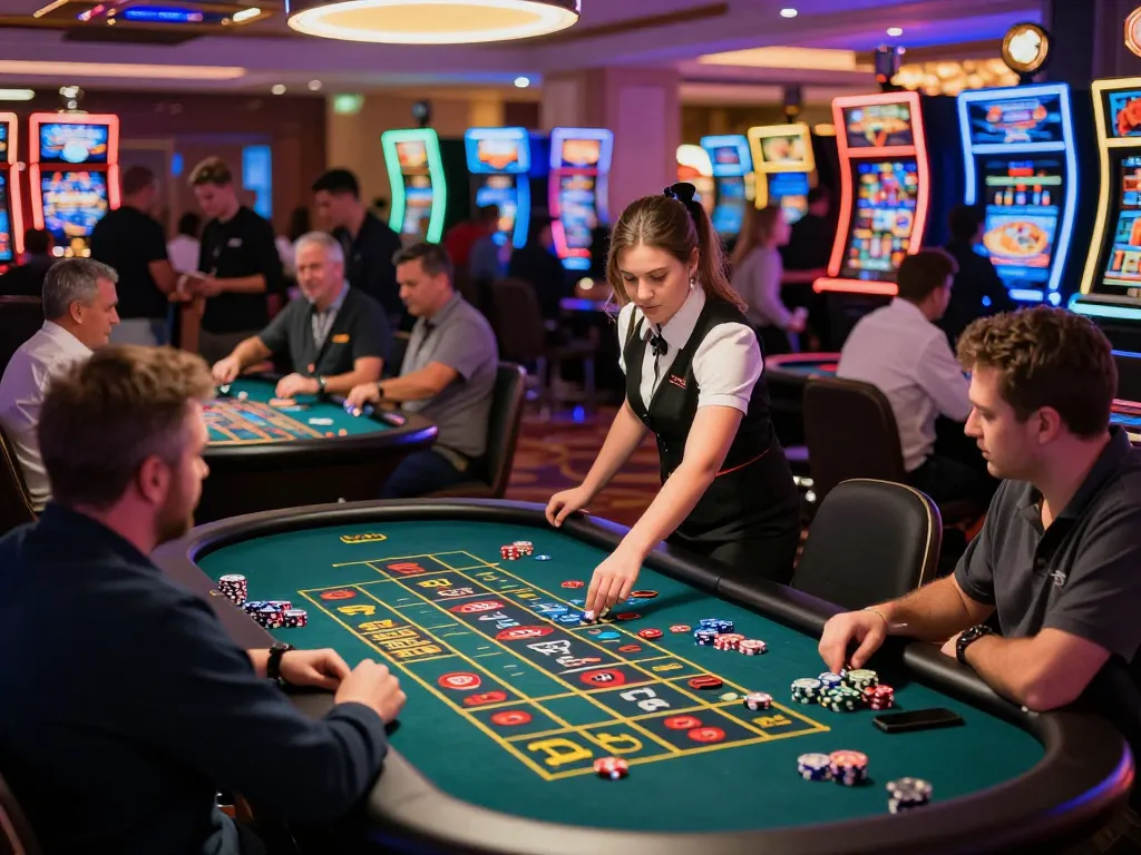 Players engaging in roulette at a lively casino with neon lights while enjoying the 7m gaming experience.