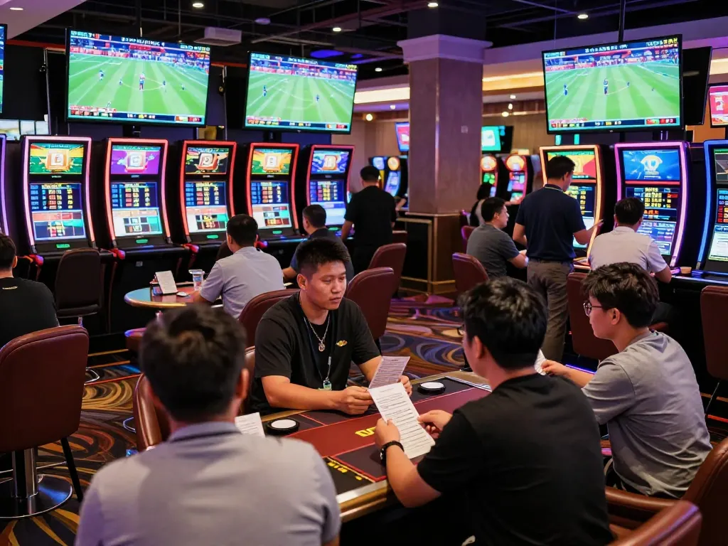 Kèo Nhà Cái in action as excited bettors review odds and engage in lively discussions at a sports betting lounge.