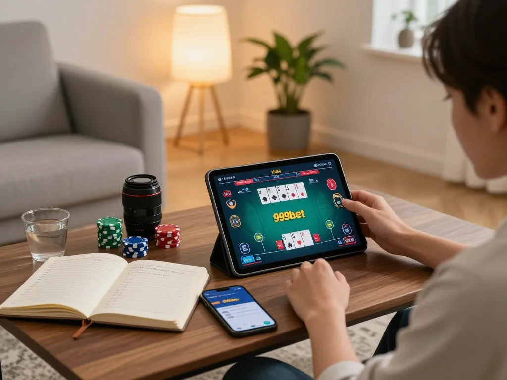 Player enjoying a poker game on 999bet app while analyzing strategies in a cozy home setting.