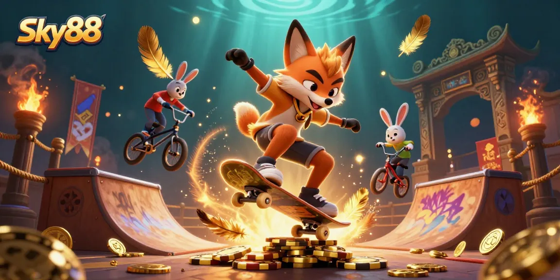 Sky88 skateboarder fox flips over golden poker chips in a vibrant casino scene.