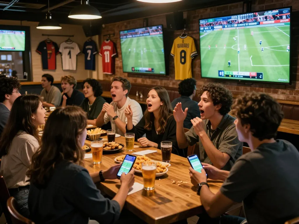 Watching ดูบอล live at a sports bar with friends, exciting atmosphere and sports betting on display.