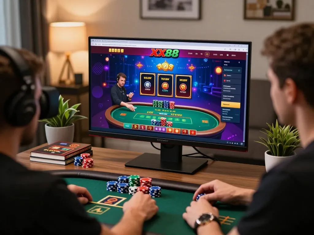 Player engaging with the XX88 online casino platform while placing strategic bets in a modern home setting.