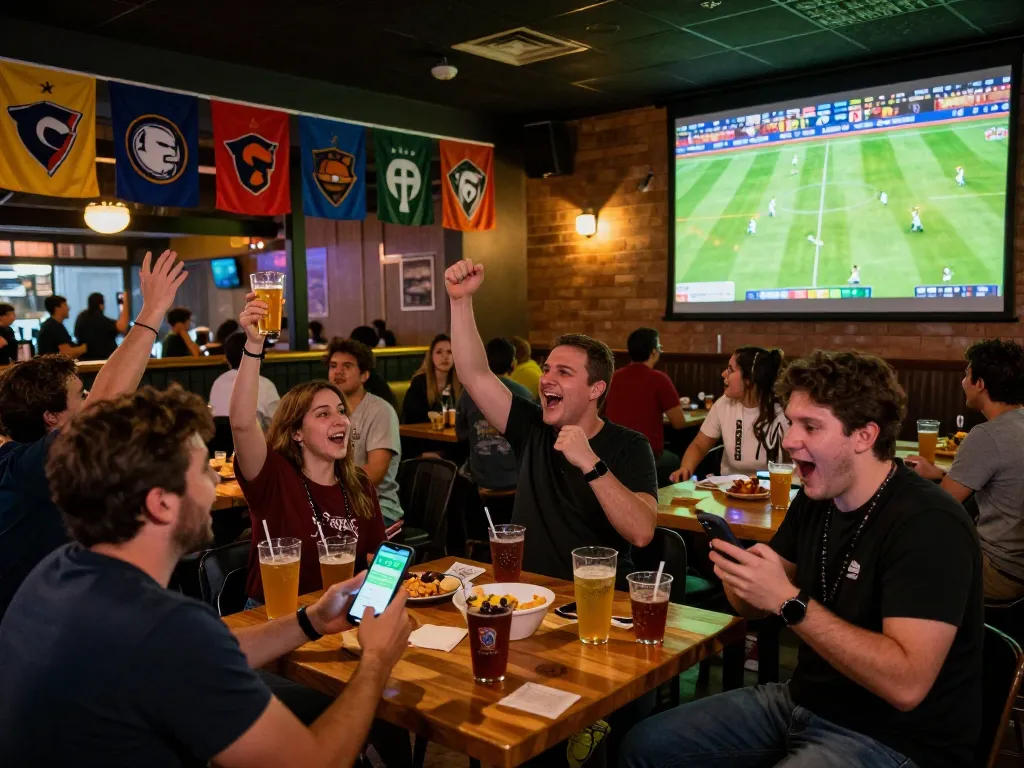 Fans engaged in betting and watching a ฟุตบอล match at a lively sports bar