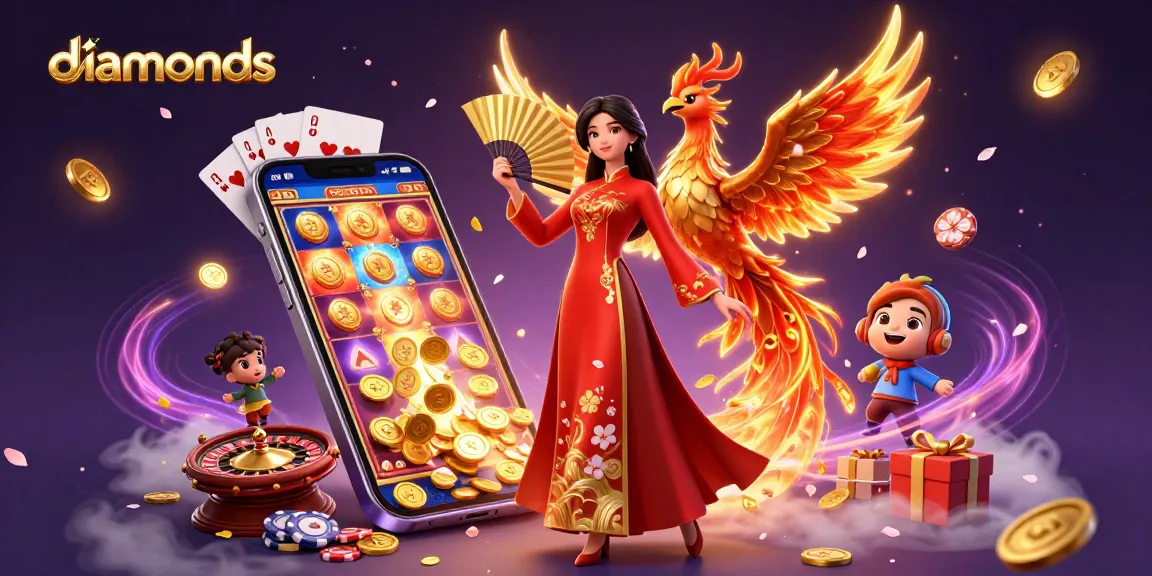 Exciting 3D scene of a beautiful woman and phoenix celebrating diamonds in a lively casino atmosphere.