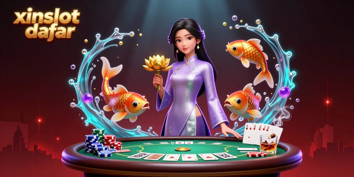 Play at xinslot daftar, featuring an elegant Asian woman in ao dai with poker elements and golden koi fish.