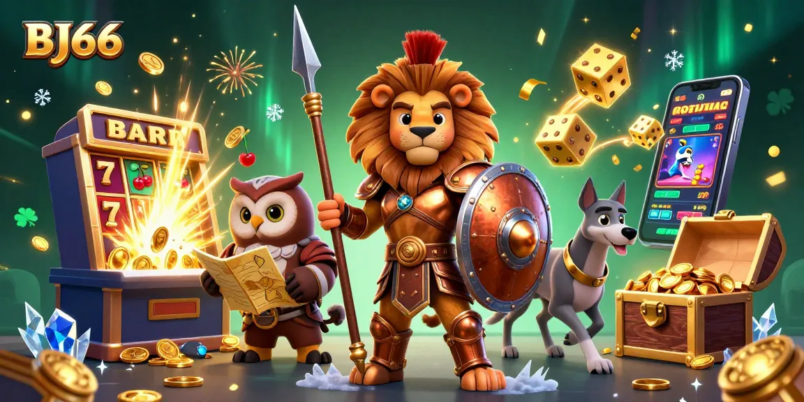 Experience thrilling jackpots with BJ66's immersive 3D casino illustration featuring vibrant game elements.