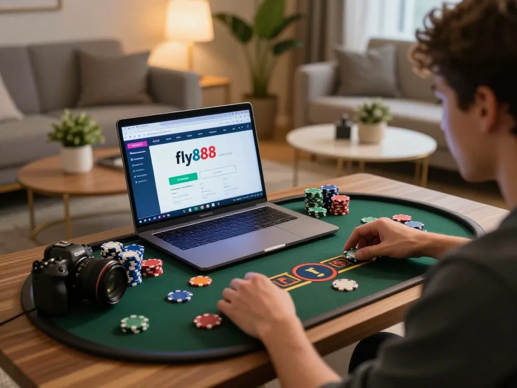 Engaged player strategizing on link fly88 online casino, immersed in dynamic gameplay with cozy home setup.