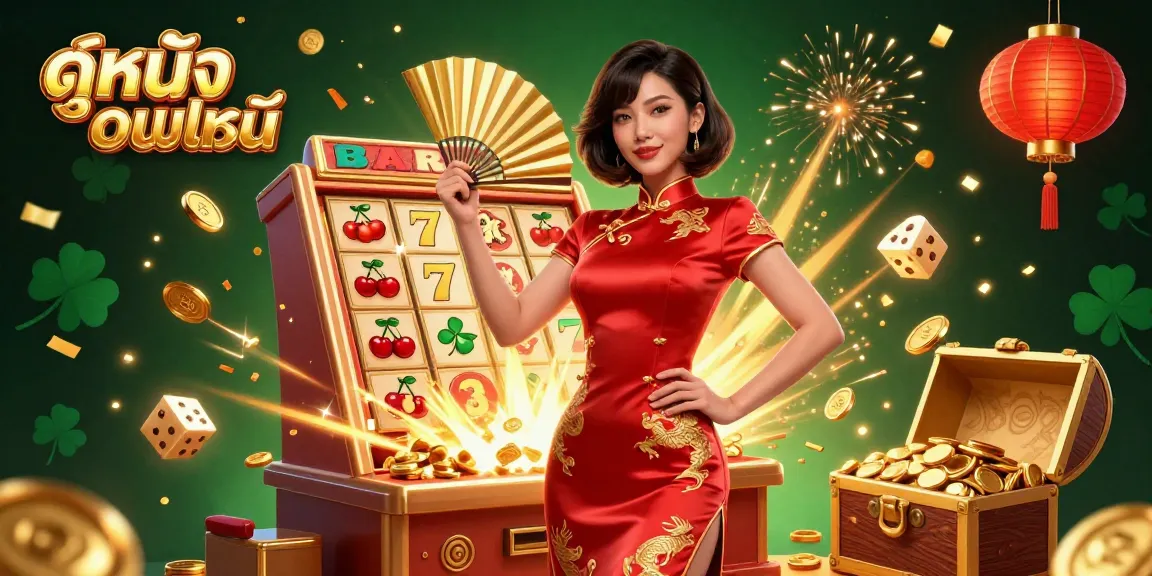 Engaging scene featuring ดูหนังออนไลน์ with an Asian woman in a red dress, surrounded by gambling elements.