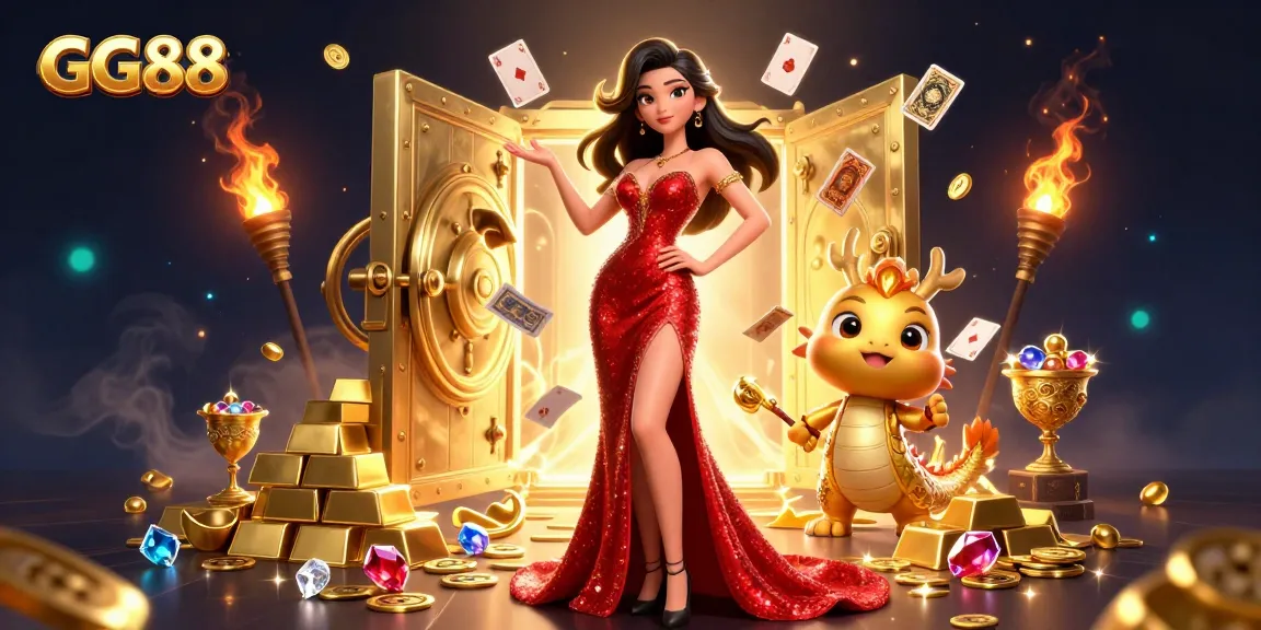 Engage in thrilling gameplay at GG88 with a glamorous lady in red and a golden dragon amidst sparkling treasures.