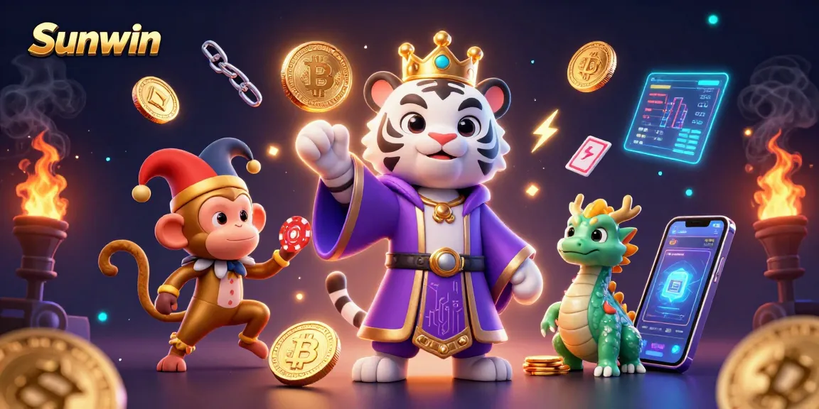 Sunwin offers thrilling casino gameplay with vibrant characters and dynamic elements in a lively 3D illustration.