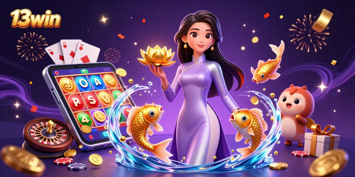 Experience the vibrant world of 13win with a dazzling illustration of casino elements and festive scenes.