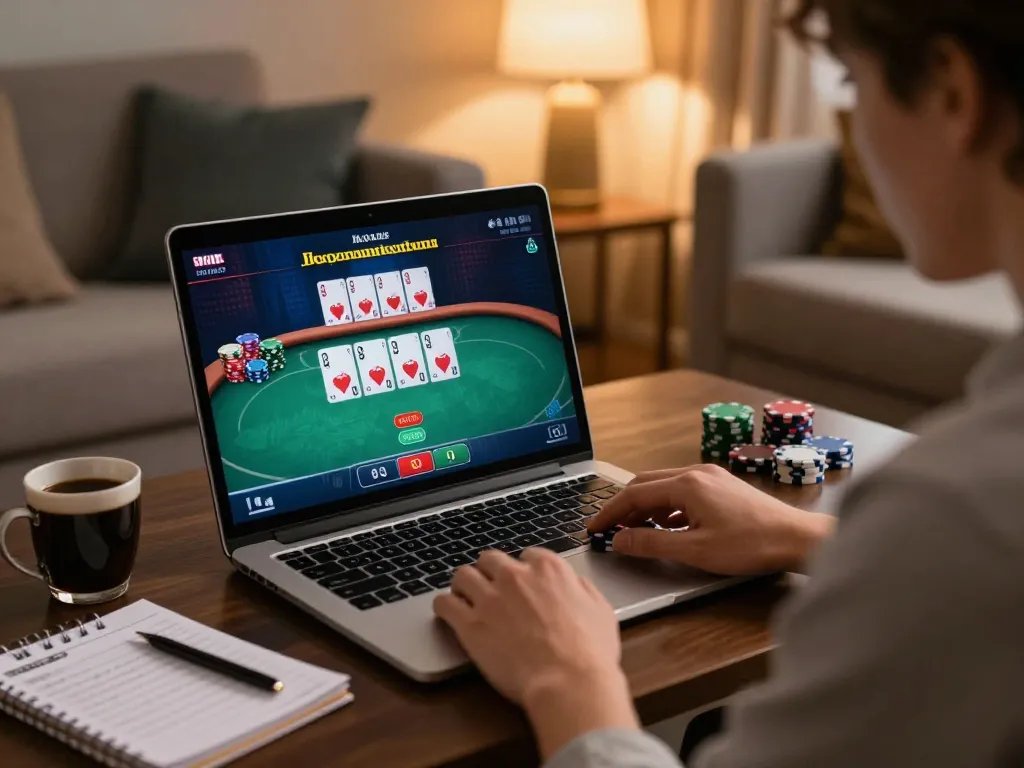 Player immersed in ALO8 STUDIO online poker game, showcasing strategic gameplay in a cozy setting.