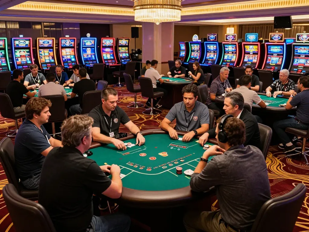 MM88 players enjoying a lively game night at an upscale casino, showcasing vibrant gameplay moments