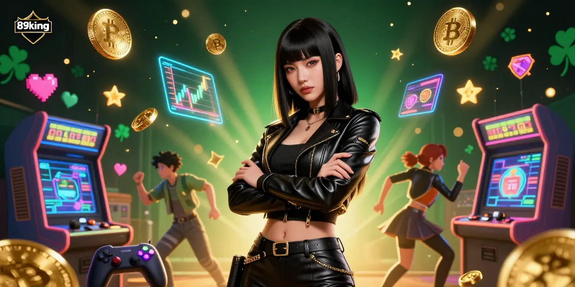 Experience lively gaming with 89king in a vibrant casino-themed 3D illustration filled with exciting elements.