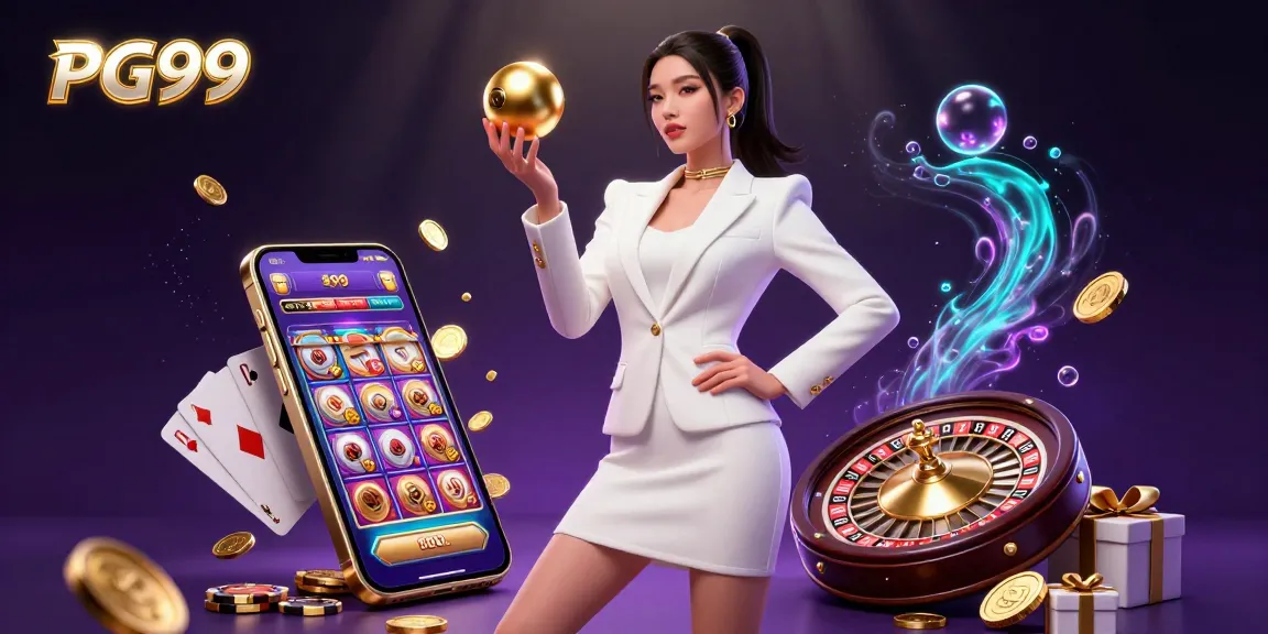 High-energy casino scene showcasing PG99 with a confident Asian woman holding a roulette ball.