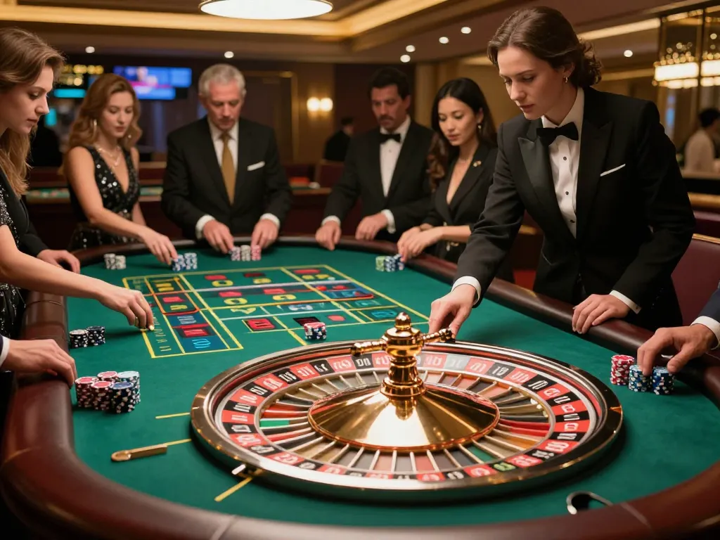 Players enjoying a thrilling roulette game at SC88 casino, chips in action, vibrant atmosphere.