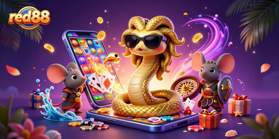 Win big with red88 in this vibrant casino scene featuring dynamic games and characters.