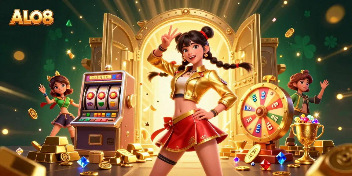 Experience exciting ALO8 gaming with vibrant slot machines and dazzling prizes in a lively 3D scene.