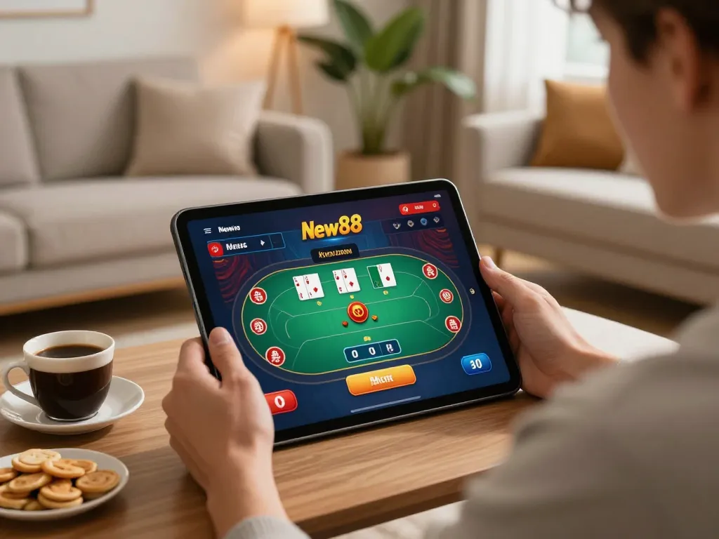 Engaged player enjoying New88 poker game on a tablet in a cozy living room.
